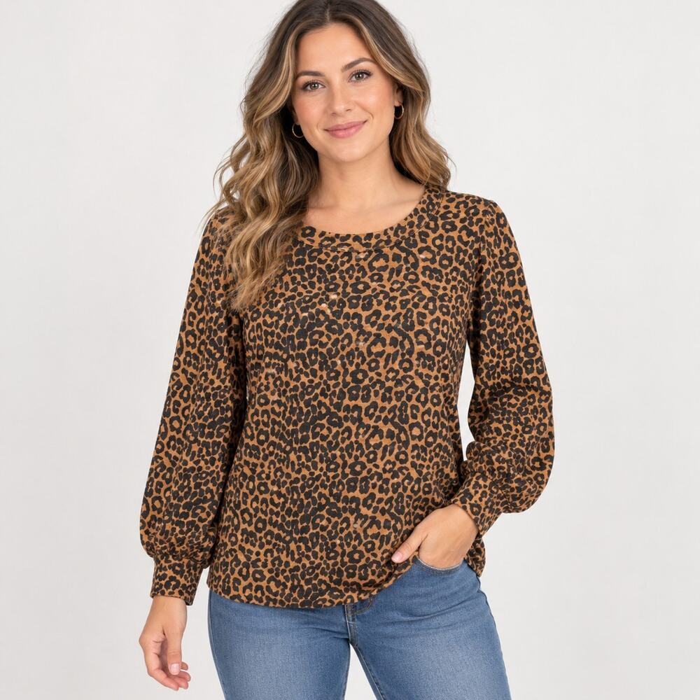 LOFT XXL Leopard Print Heavyweight Cotton Pullover Balloon Puff Sleeve Top
